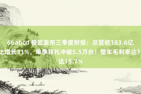 66abcd 极氪发布三季度财报：总营收183.6亿，同比增长31%，单季拜托冲破5.5万台！整车毛利率达15.7%